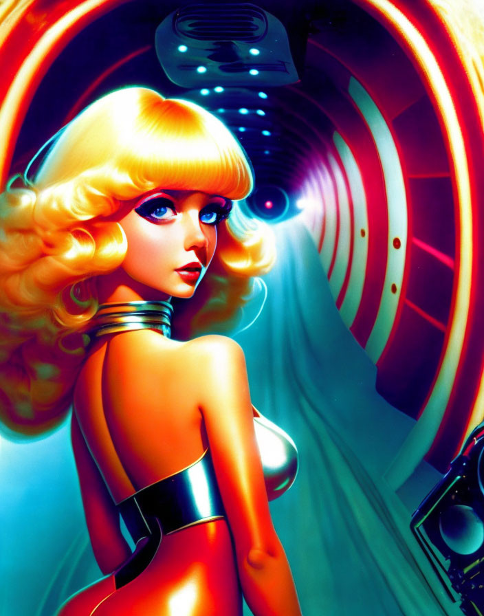 Blonde woman in retro-futuristic attire in colorful tunnel