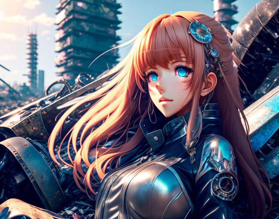 Digital artwork: Female anime character with long brown hair, blue eyes, futuristic cybernetic armor,