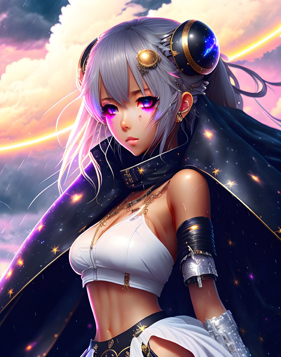 Silver-Haired Anime Character with Violet Eyes in Twilight Sky