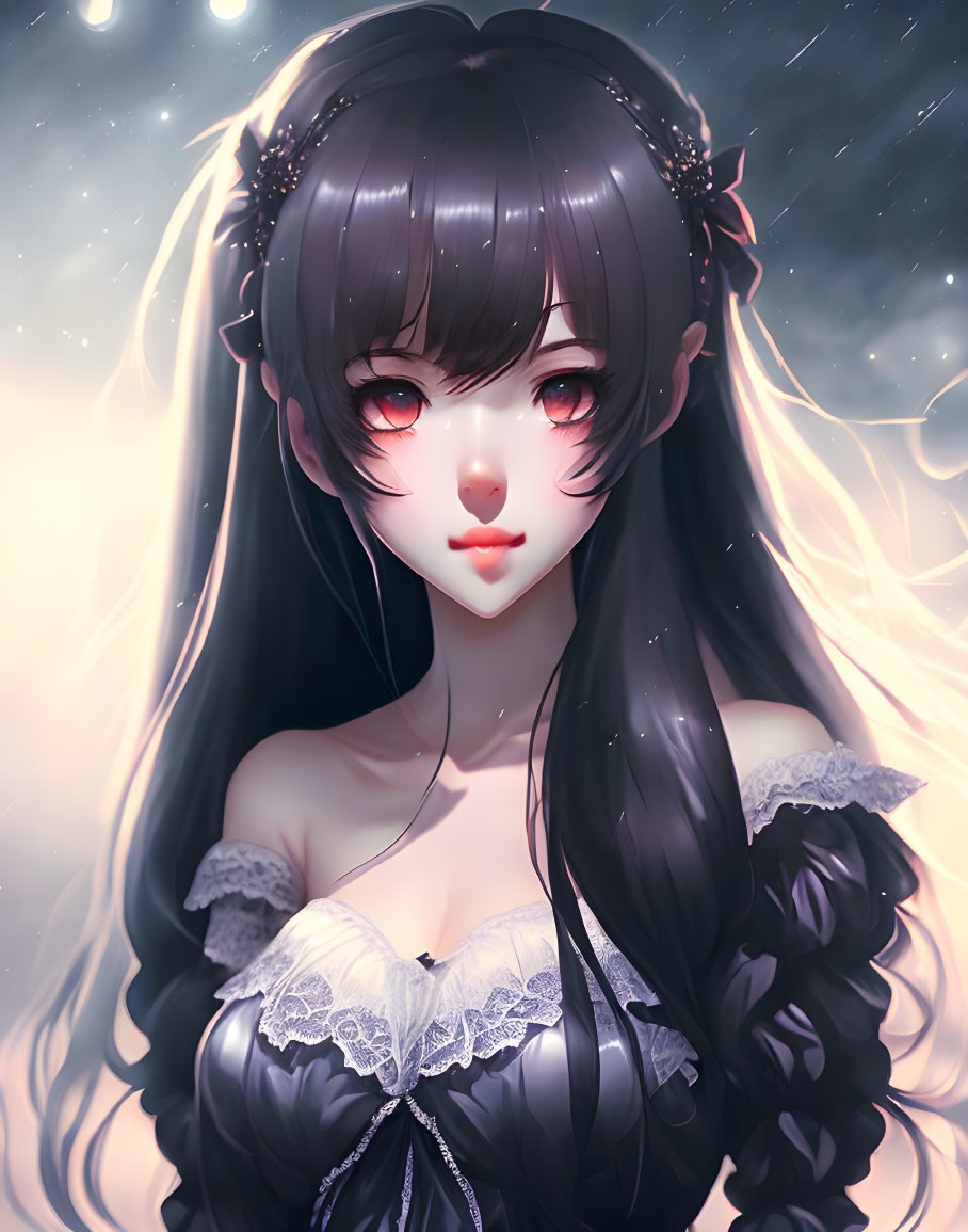 Illustrated character with red eyes, black hair, floral adornments, off-shoulder dress under