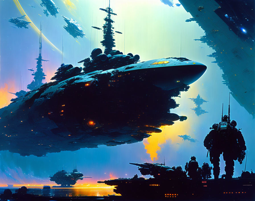 Futuristic spaceport scene with towering spaceships and soldiers in silhouette