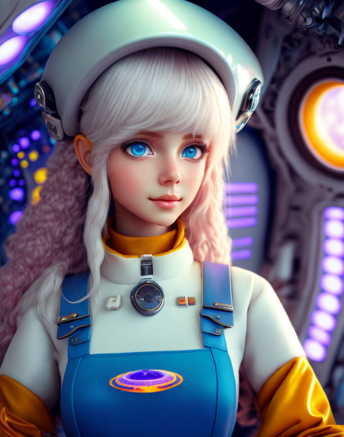 Digital artwork of female character with white hair, blue eyes, futuristic helmet, blue and yellow suit