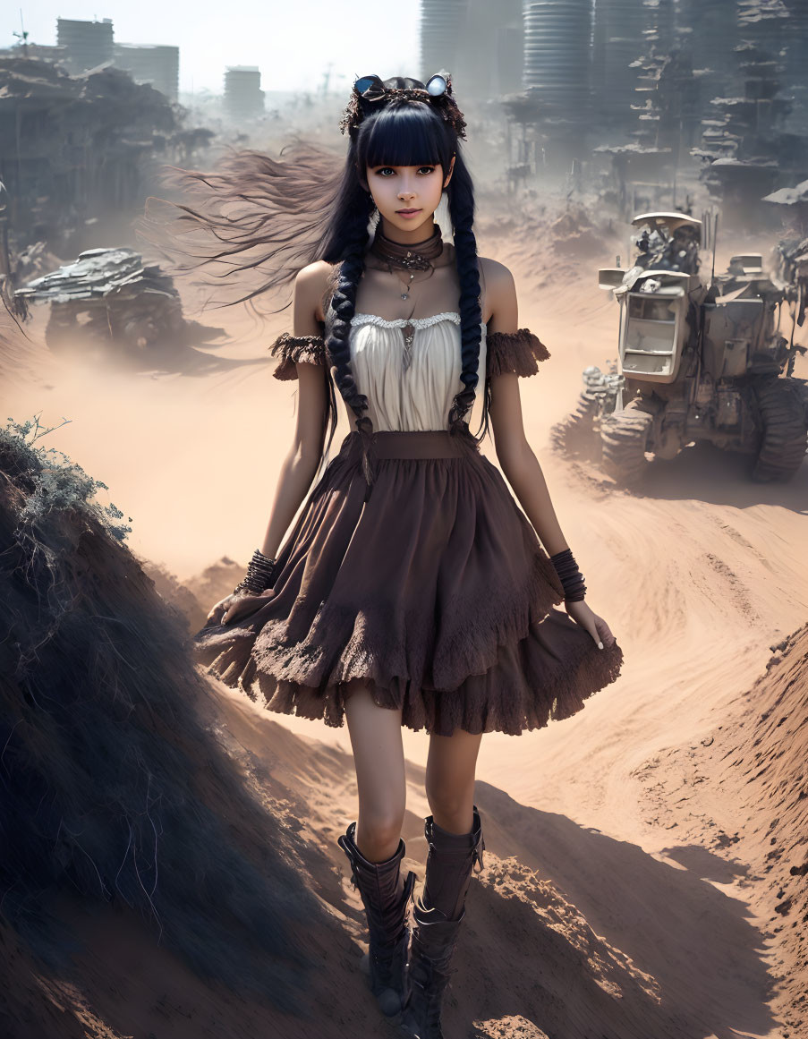 Young woman in brown and white dress in desert with futuristic machinery