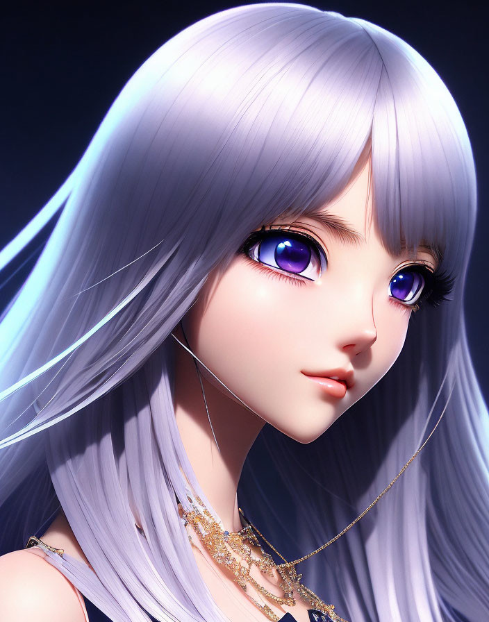 Digital Artwork: Female Character with Silver Hair and Violet Eyes