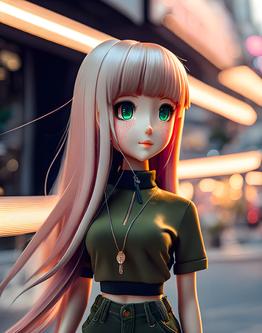 Stylized digital art: Female anime character with pink hair and green outfit in city setting