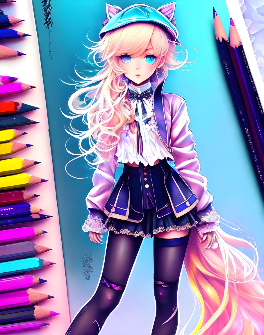 Blonde-haired girl in cat-ear hat with colorful pencils