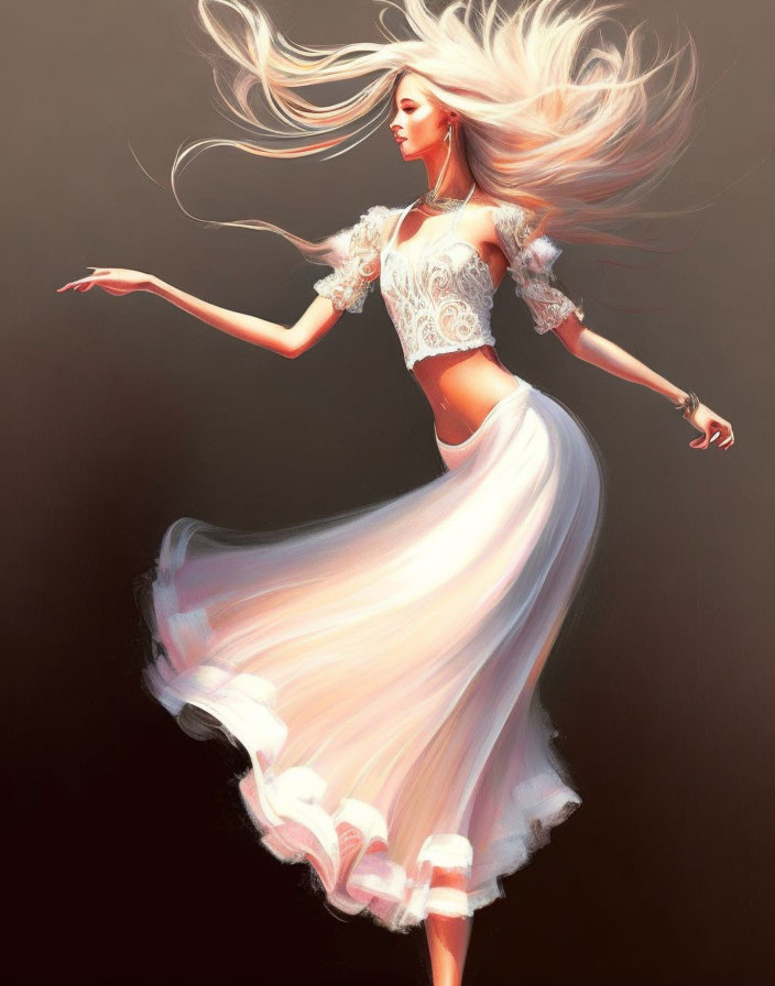 Graceful woman dancing with flowing hair and skirt in warm lighting