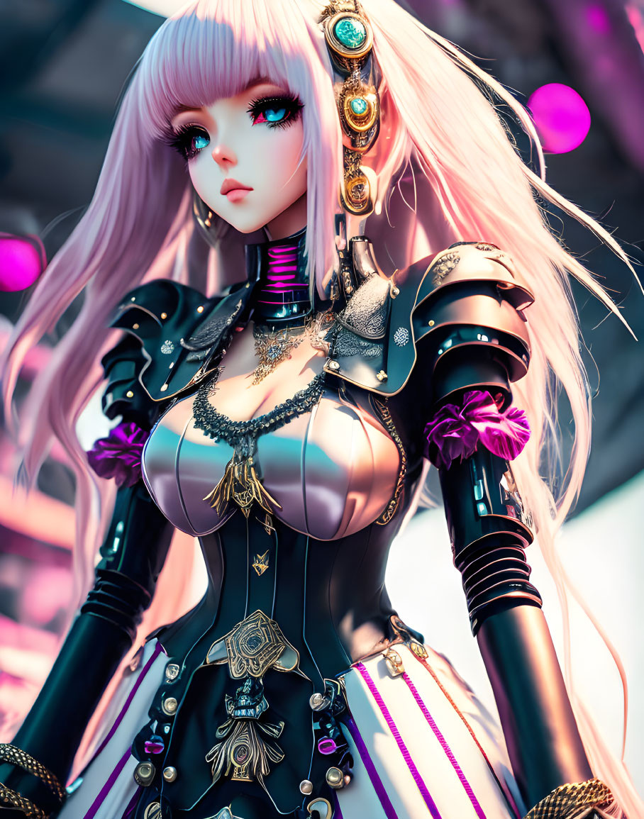 Detailed Female Anime-Style Cyborg with Pink Hair and Ornate Black Armor