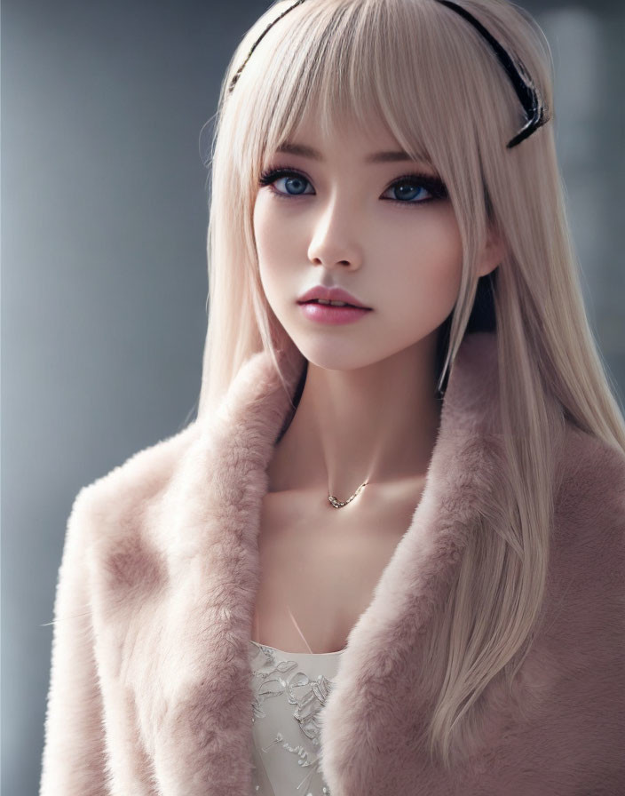 Platinum blonde woman in pink fur coat with purple eyes and necklace.