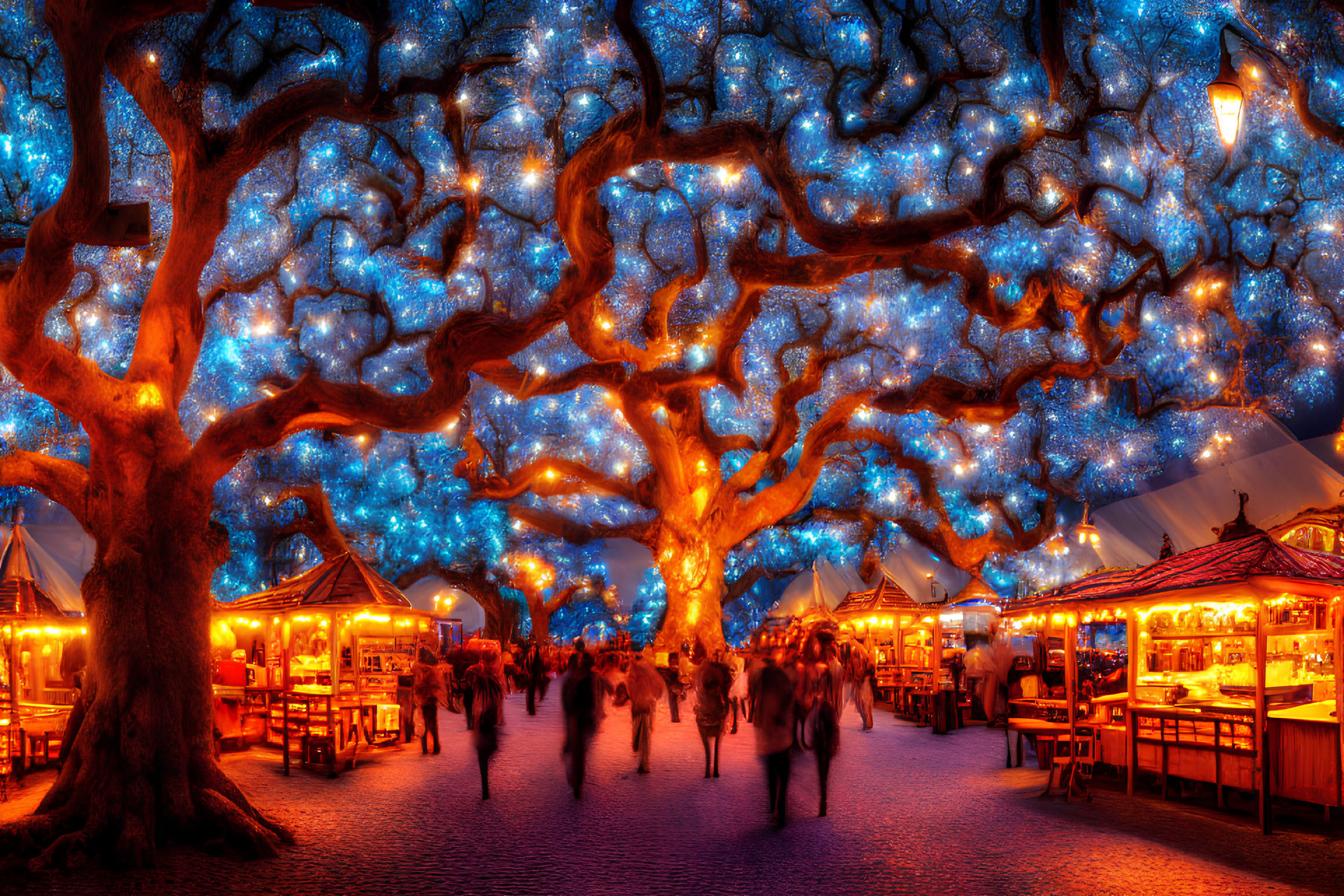 Vibrant outdoor market at dusk with cozy stalls and illuminated trees