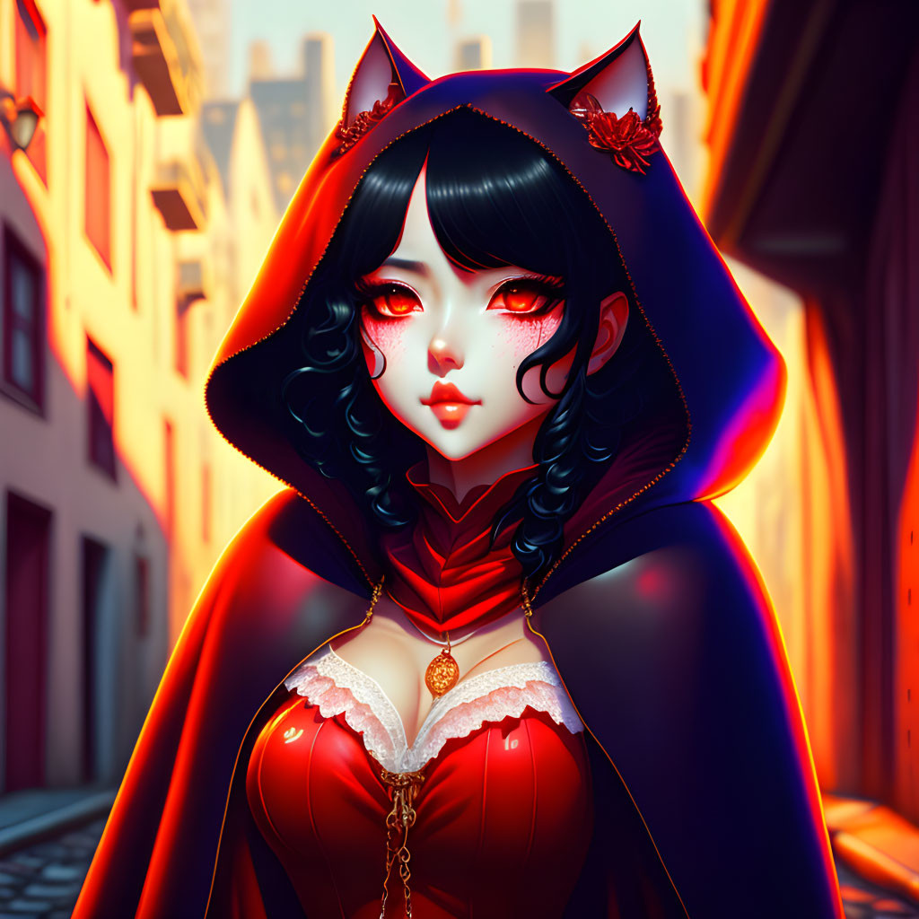 Black-Haired Female Anime Character in Red and Gold Outfit with Cat Ears in Alleyway