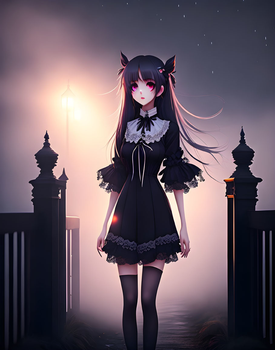 Gothic dress animated girl with cat ears near light post at dusk