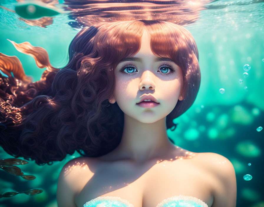 Digital Artwork: Girl with expressive eyes and curly hair underwater surrounded by light rays and bubbles