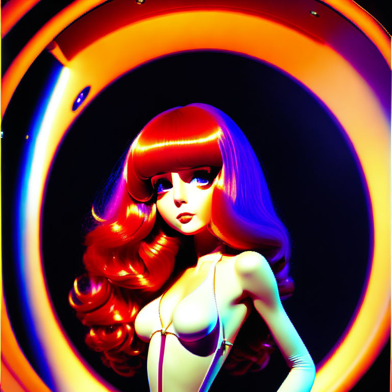 Vibrant red-haired female figure on glowing circular backdrop