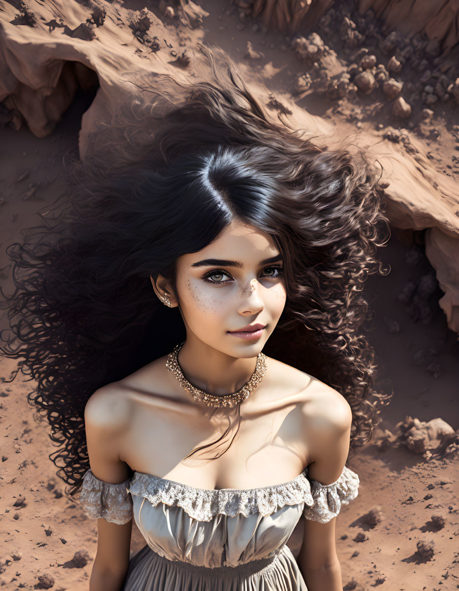 Woman with long dark wavy hair and blue eyes in off-shoulder dress on rocky terrain