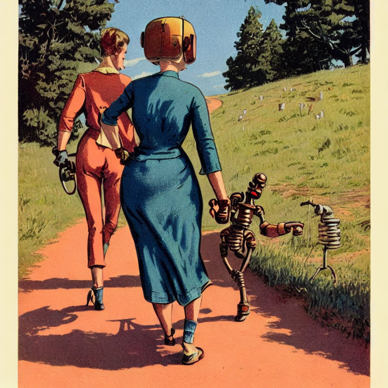 Vintage women with robot and robotic dog strolling on country path