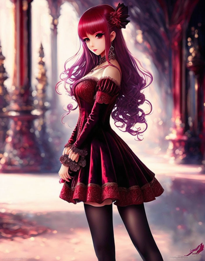 Long red-haired anime-style girl in ornate red room