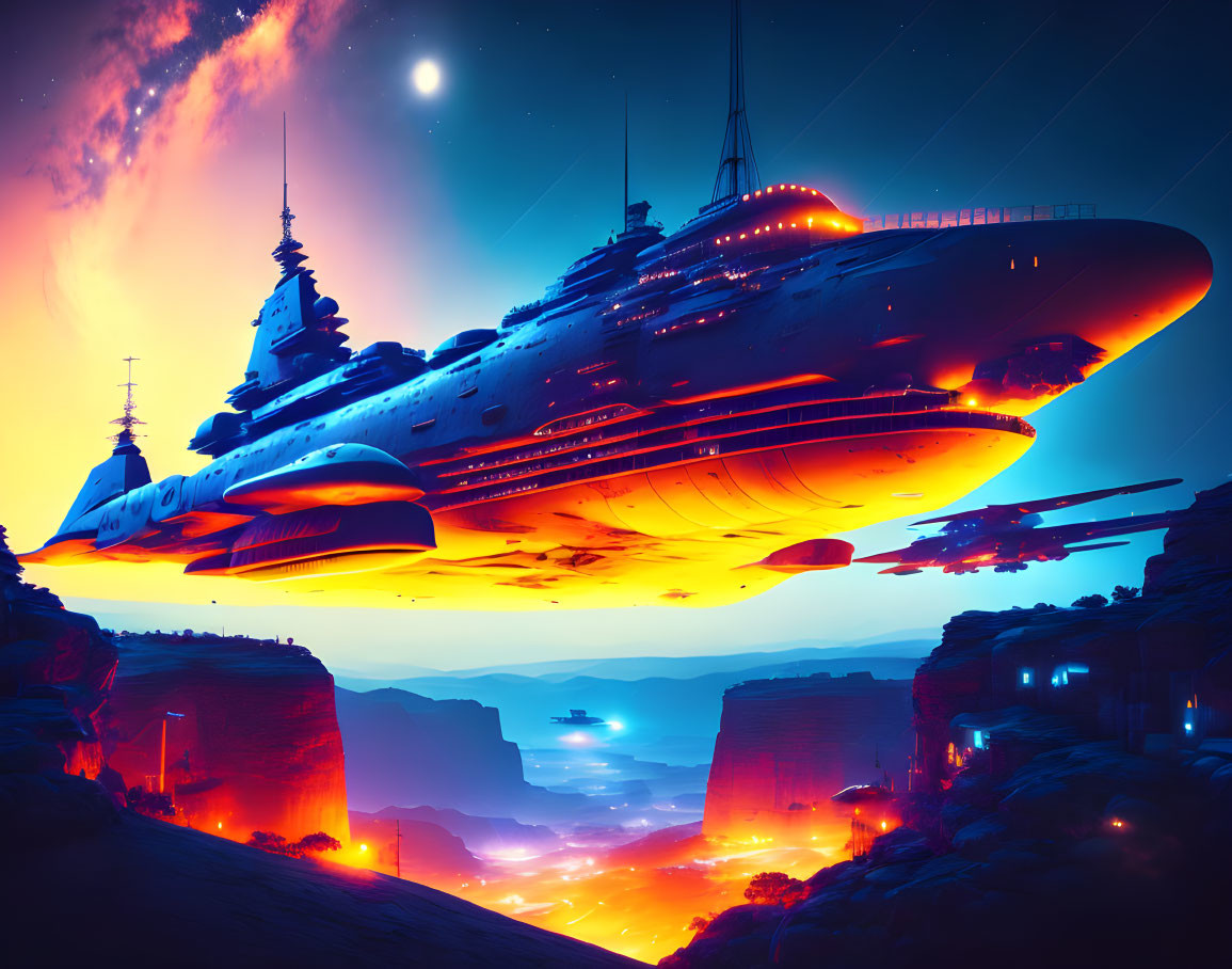 Giant spaceship above lava-filled alien landscape