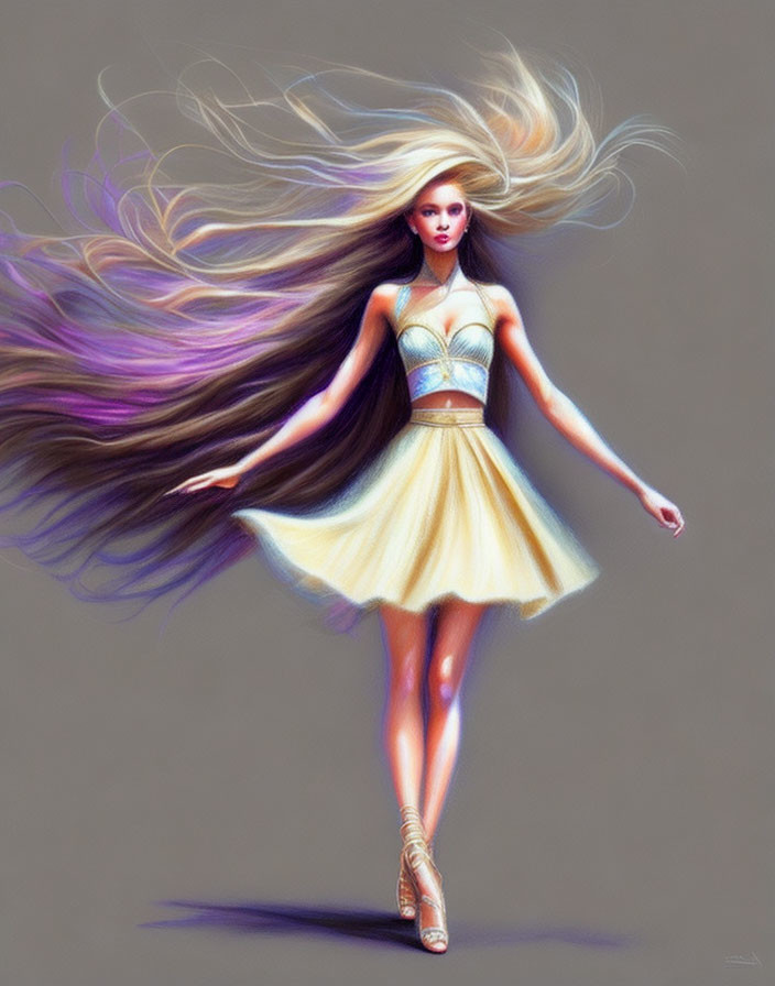 Digital artwork: Woman posing with flowing hair and dress in a blend of realism and fantasy