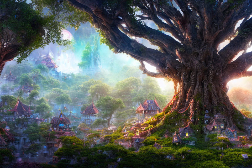 Mystical village and giant tree in enchanted forest scene