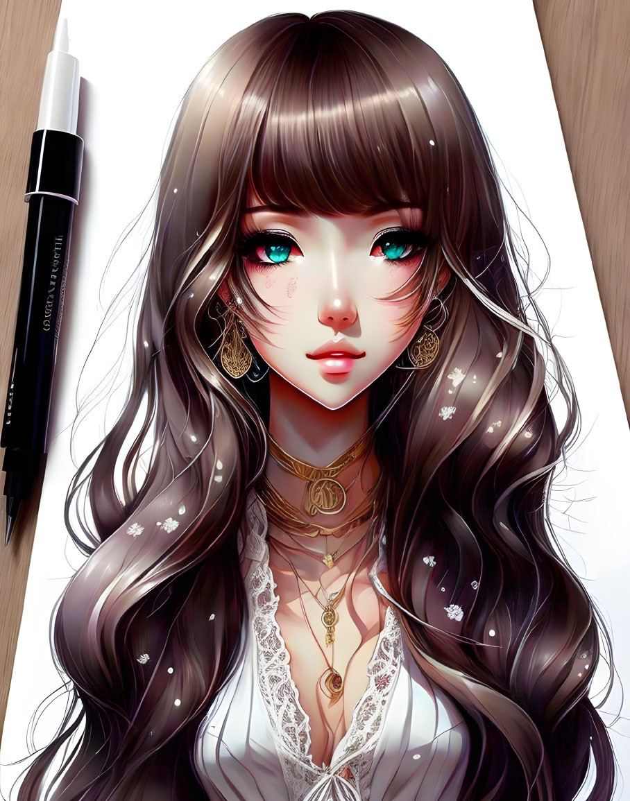 Illustrated portrait of a girl with expressive eyes, wavy hair, and ornate jewelry.