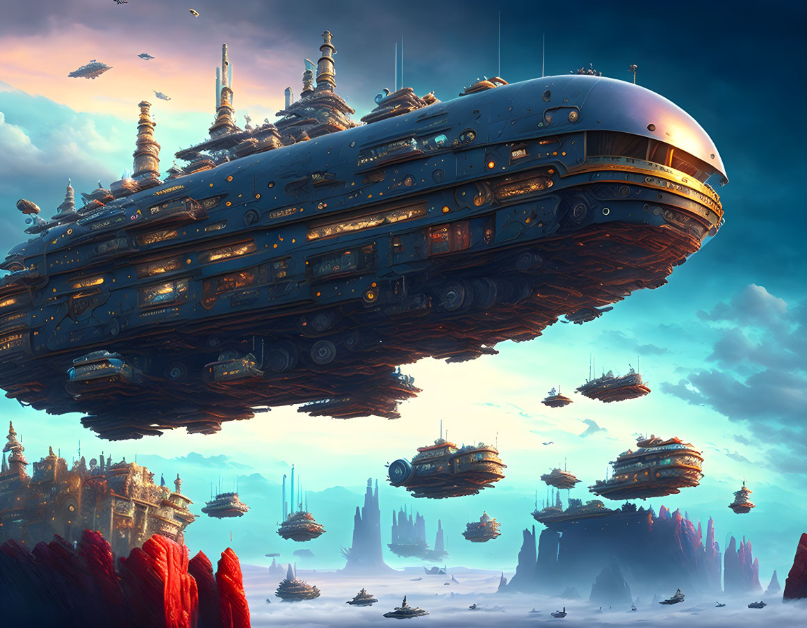 Futuristic flying ships over red crystal landscape