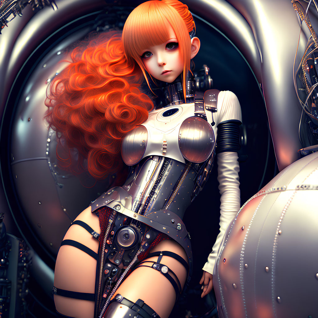 Stylized female android with red curly hair and metallic armor on tech background