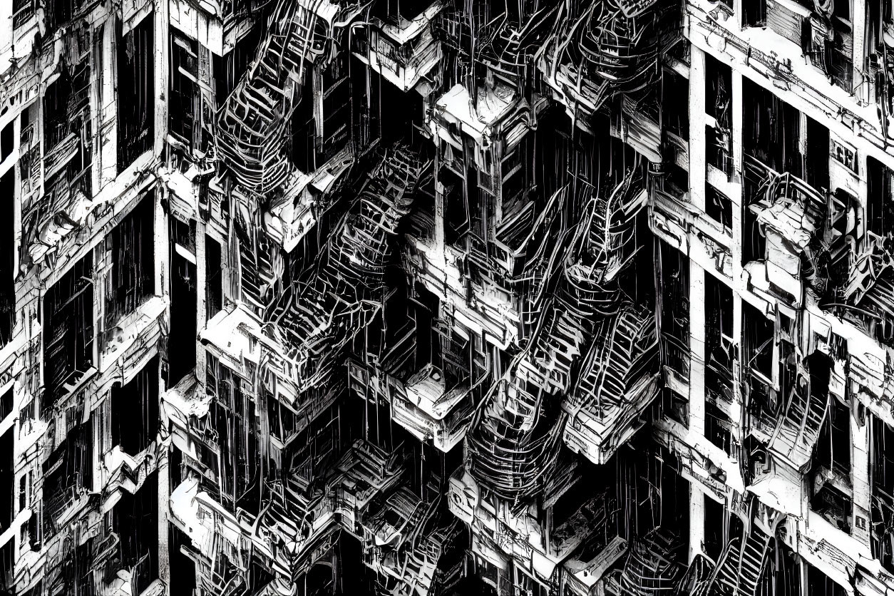 Detailed Monochrome Cityscape Illustration with Abstract Architecture