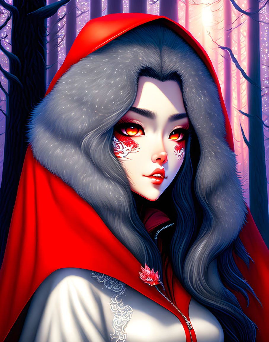 Digital artwork: Pale-skinned figure with red eyes and long gray hair in red cloak, set in