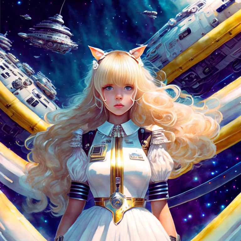 Blond-haired girl with cat ears in uniform against cosmic backdrop.