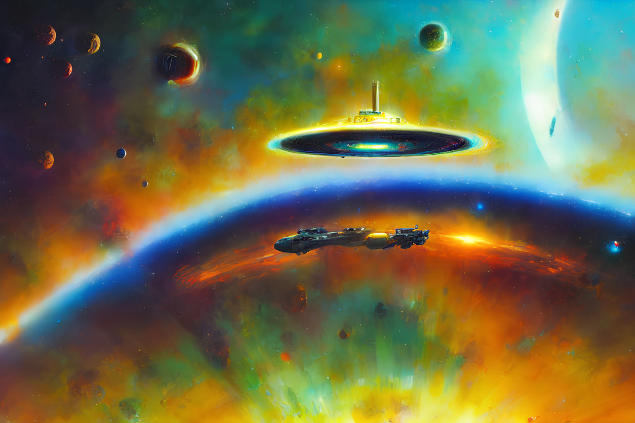 Colorful Space Scene with Spaceship, Nebula, Planets, and Ringed Celestial Body