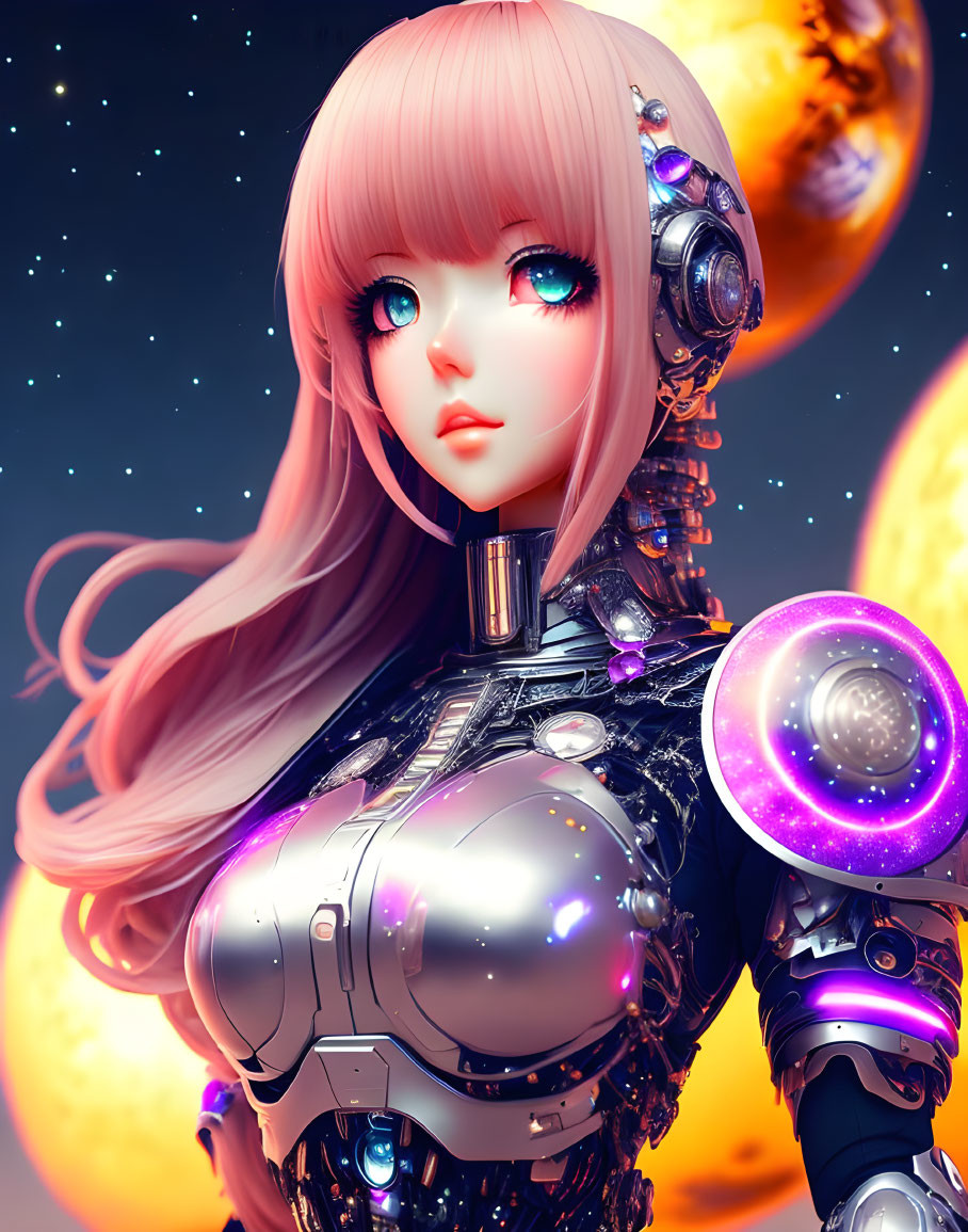 Digital artwork of female anime character in futuristic armor with pink hair and blue eyes against starry backdrop.