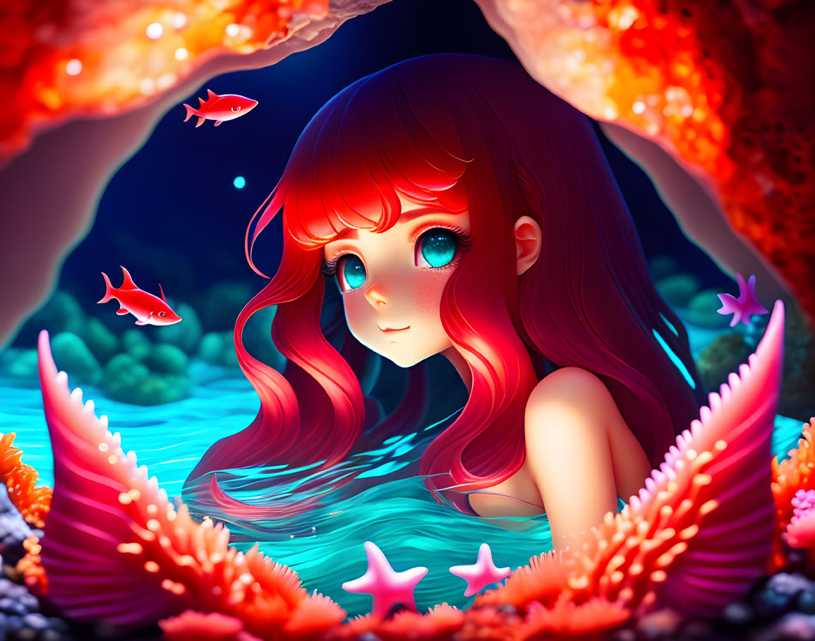 Red-haired anime girl in underwater cave with coral and fish