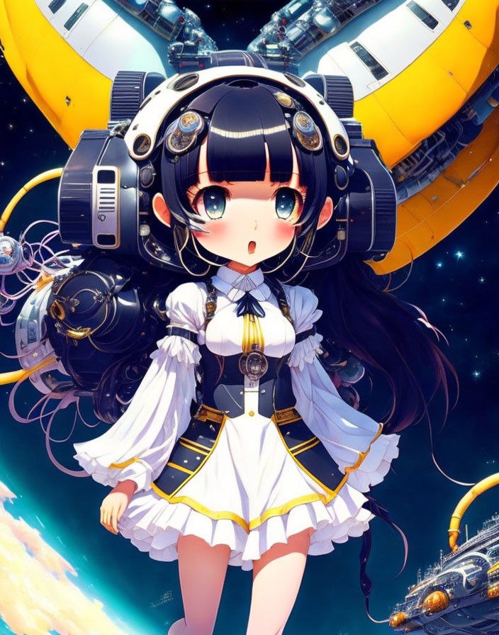 Anime girl in white dress with headset and large eyes, among yellow spaceships and stars