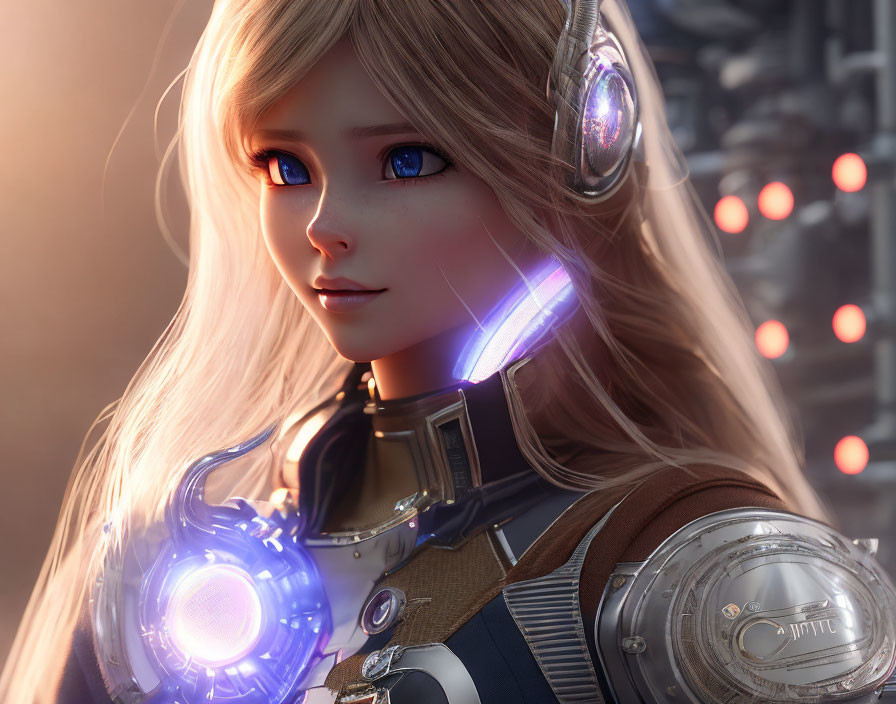 Blonde Female Character in Futuristic Armor with Blue Glowing Elements