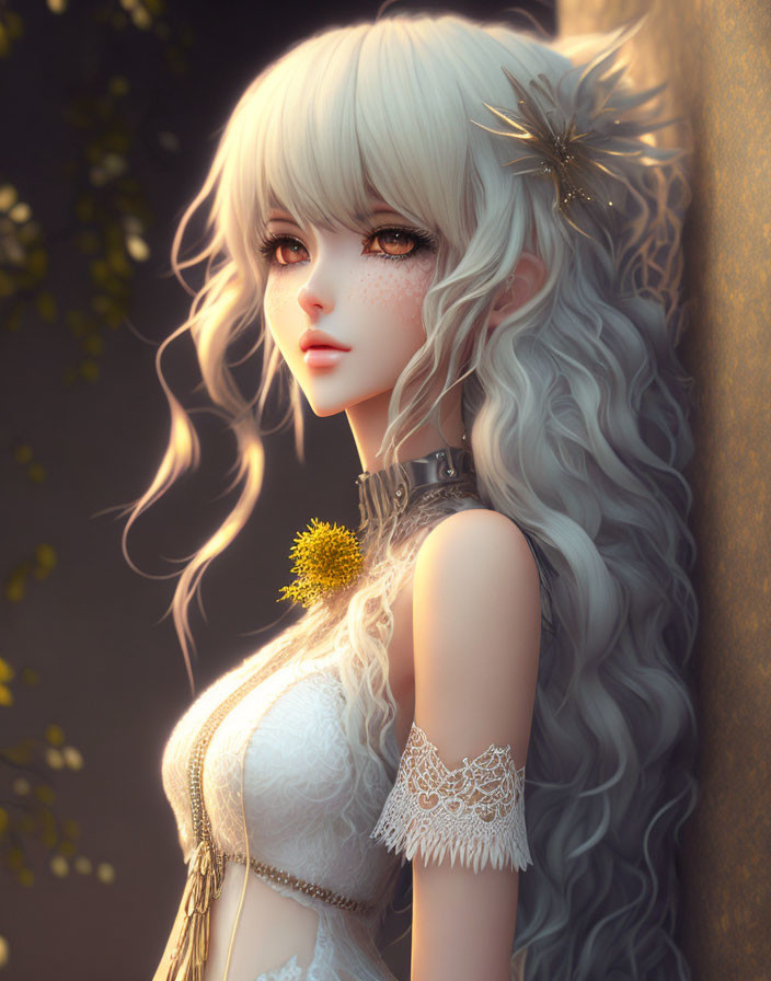 Illustrated female character with long silver hair and freckles in contemplative pose.