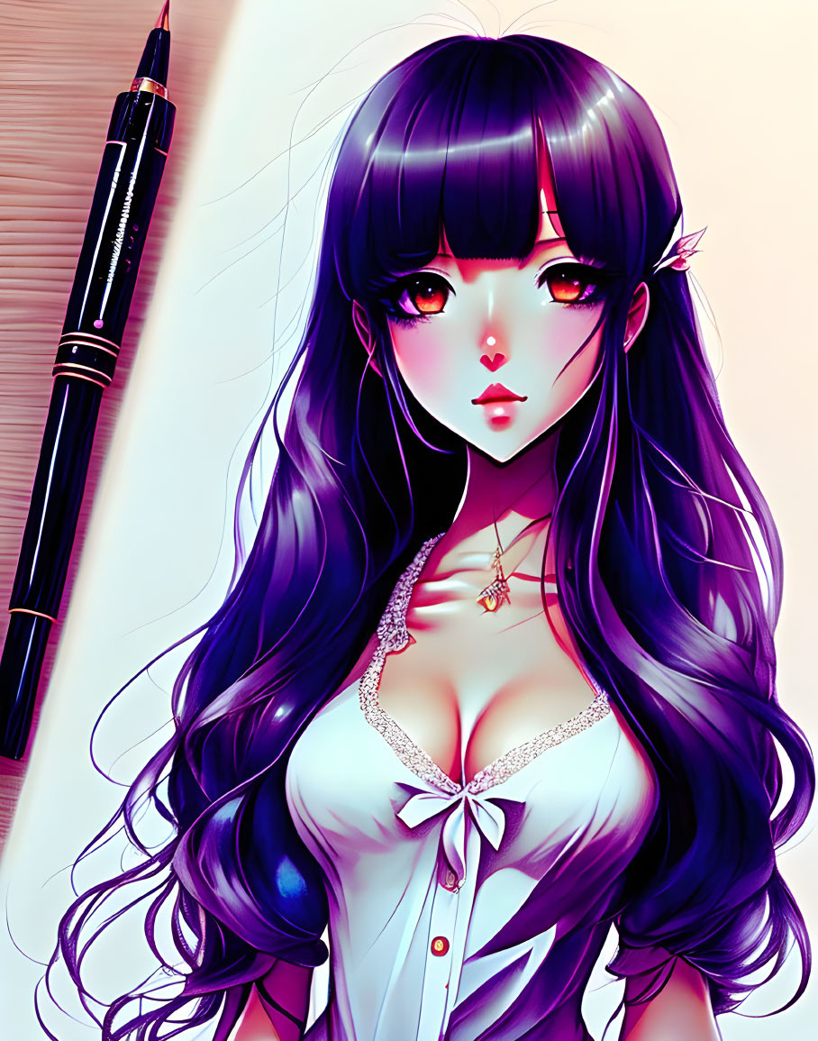 Anime character with long purple hair and red eyes next to a black pen