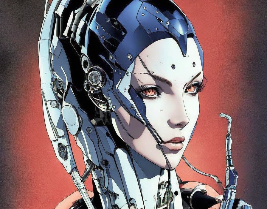 Female cyborg illustration with exposed mechanical parts and blue headgear