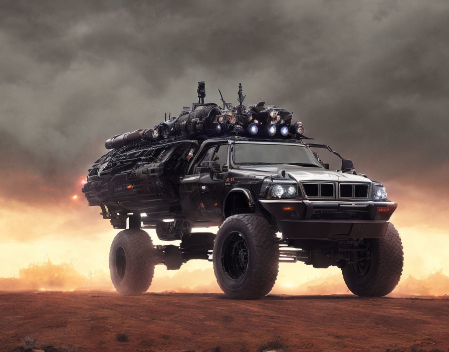 Modified off-road vehicle with oversized tires in post-apocalyptic scene