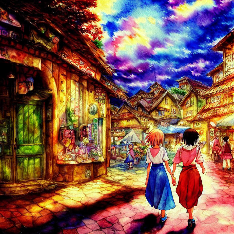 Vibrant sunset scene: Two girls stroll hand in hand down colorful street.