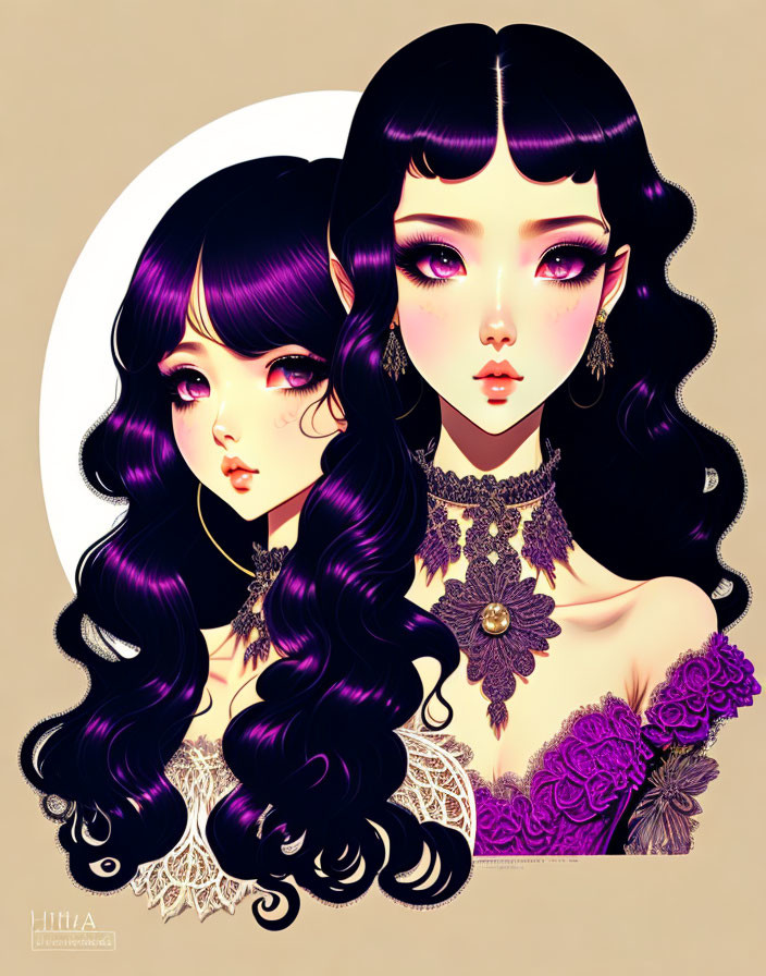 Detailed Illustration of Woman with Purple Wavy Hair and Lace Jewelry