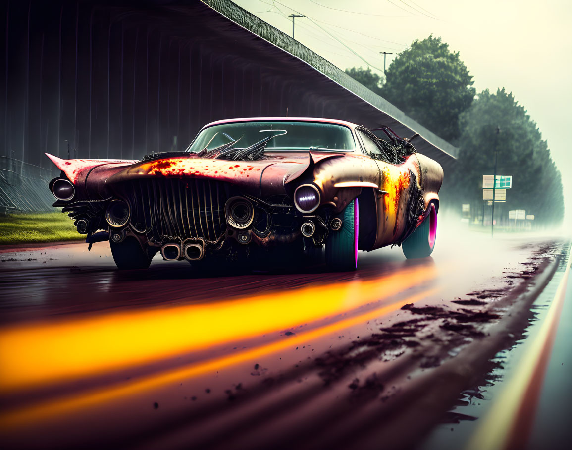 Modified vintage car with vibrant flame design speeding down misty road