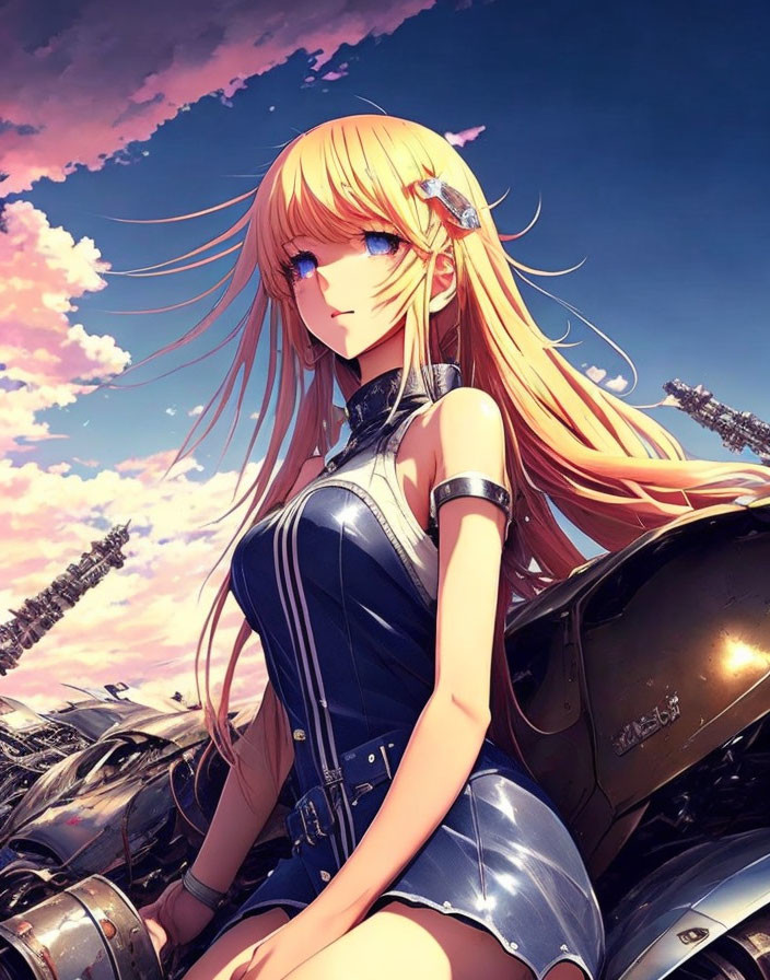 Blonde anime character in black and blue outfit by mech in sky landscape