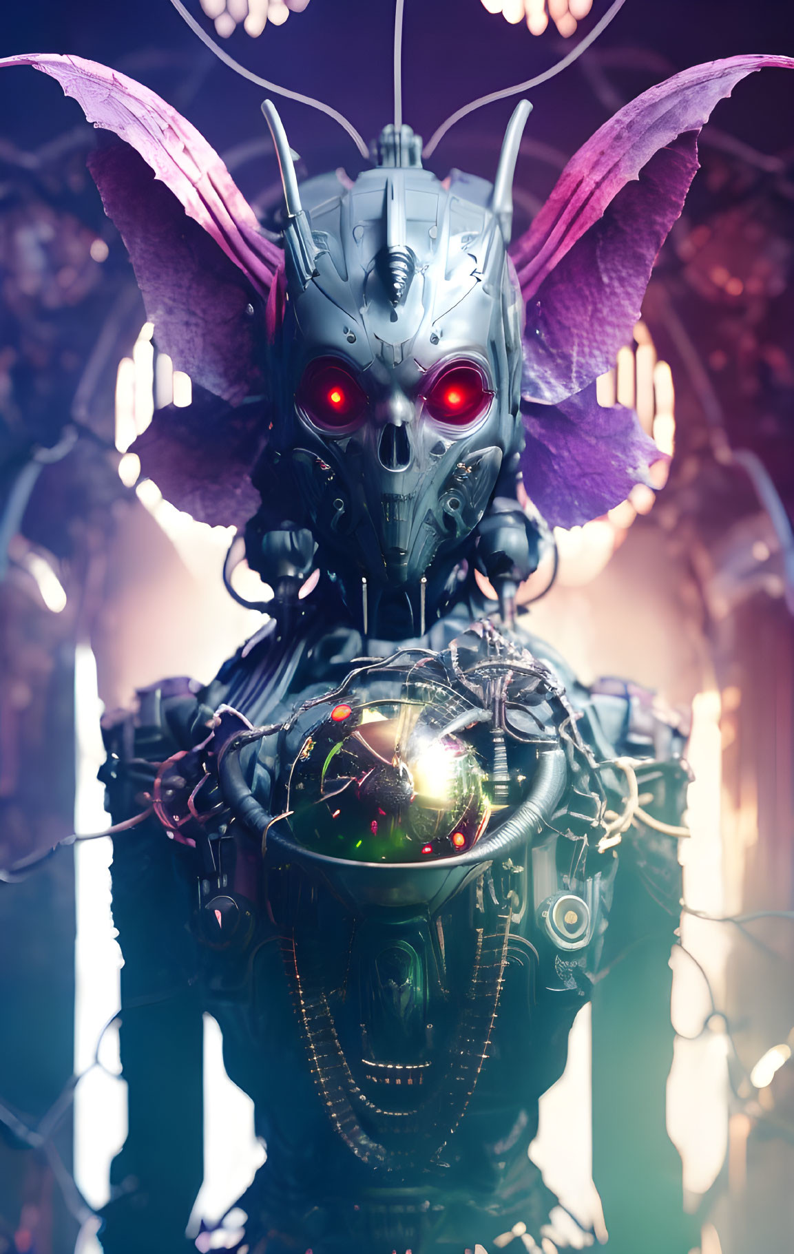 Detailed Futuristic Robot with Skull-like Head, Glowing Red Eyes, Purple Wings & Glowing Orb