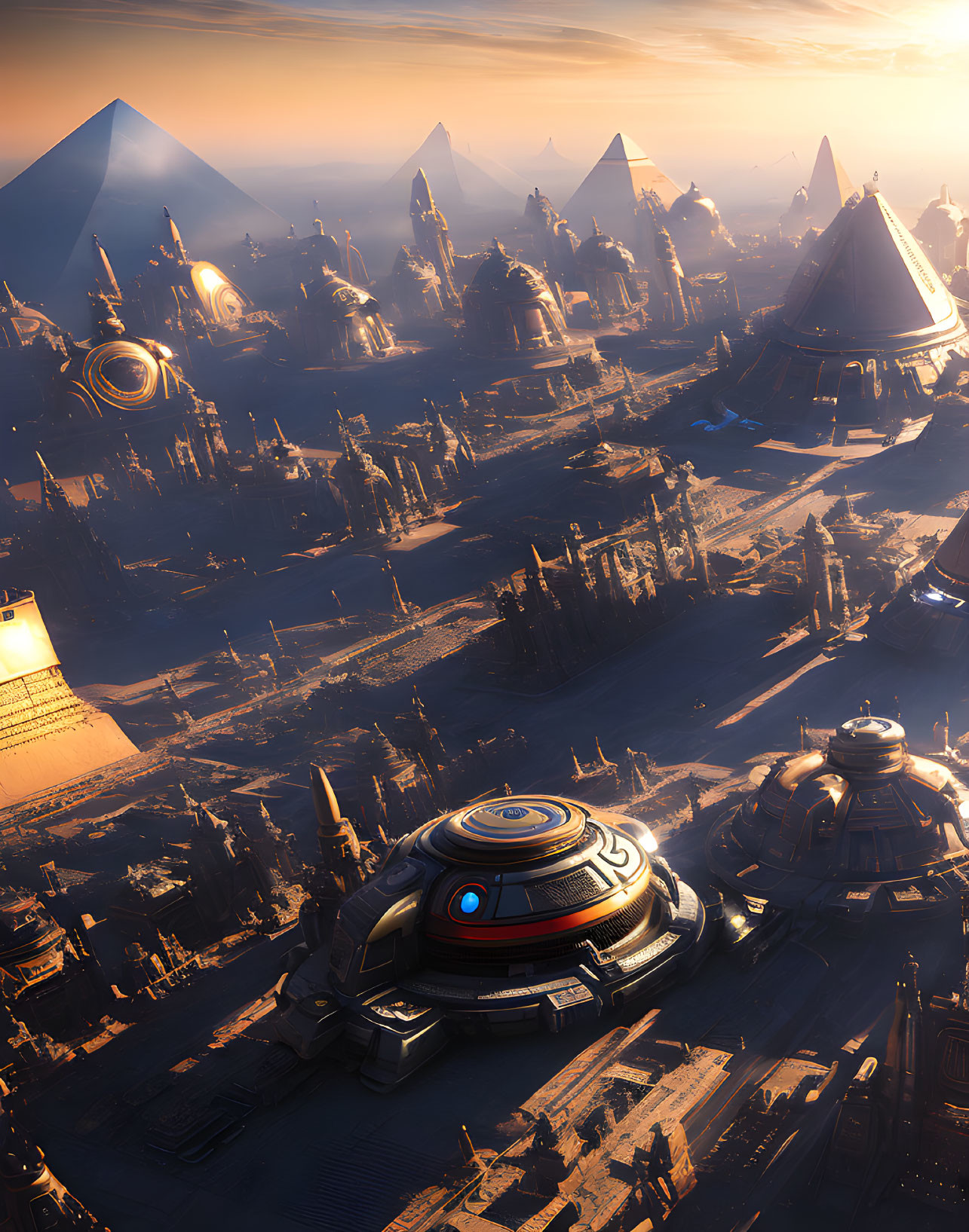 Futuristic cityscape with skyscrapers, pyramids, and round building at sunset