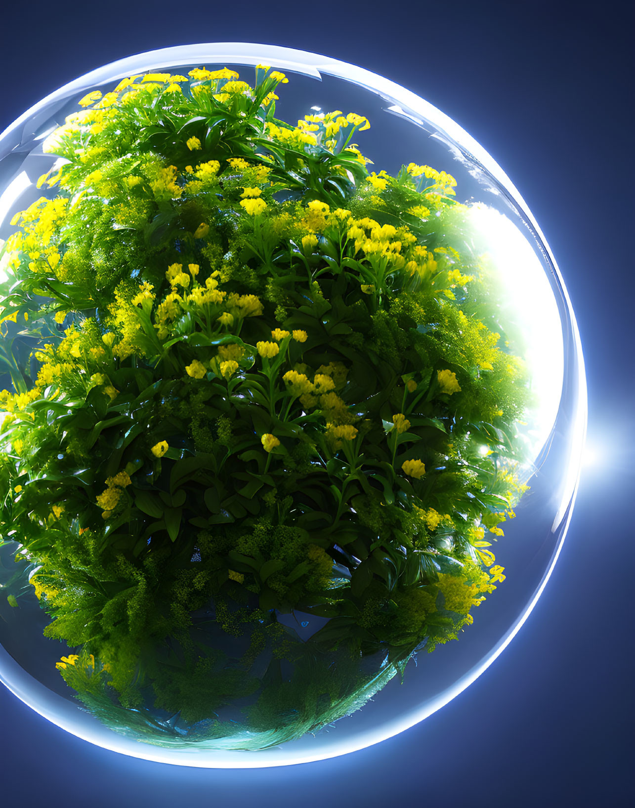 Colorful globe with greenery and flowers illuminated by blue light on dark background