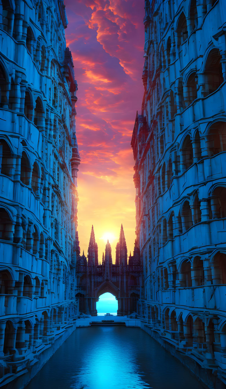 Symmetrical gothic buildings frame vibrant purple and orange sunset.