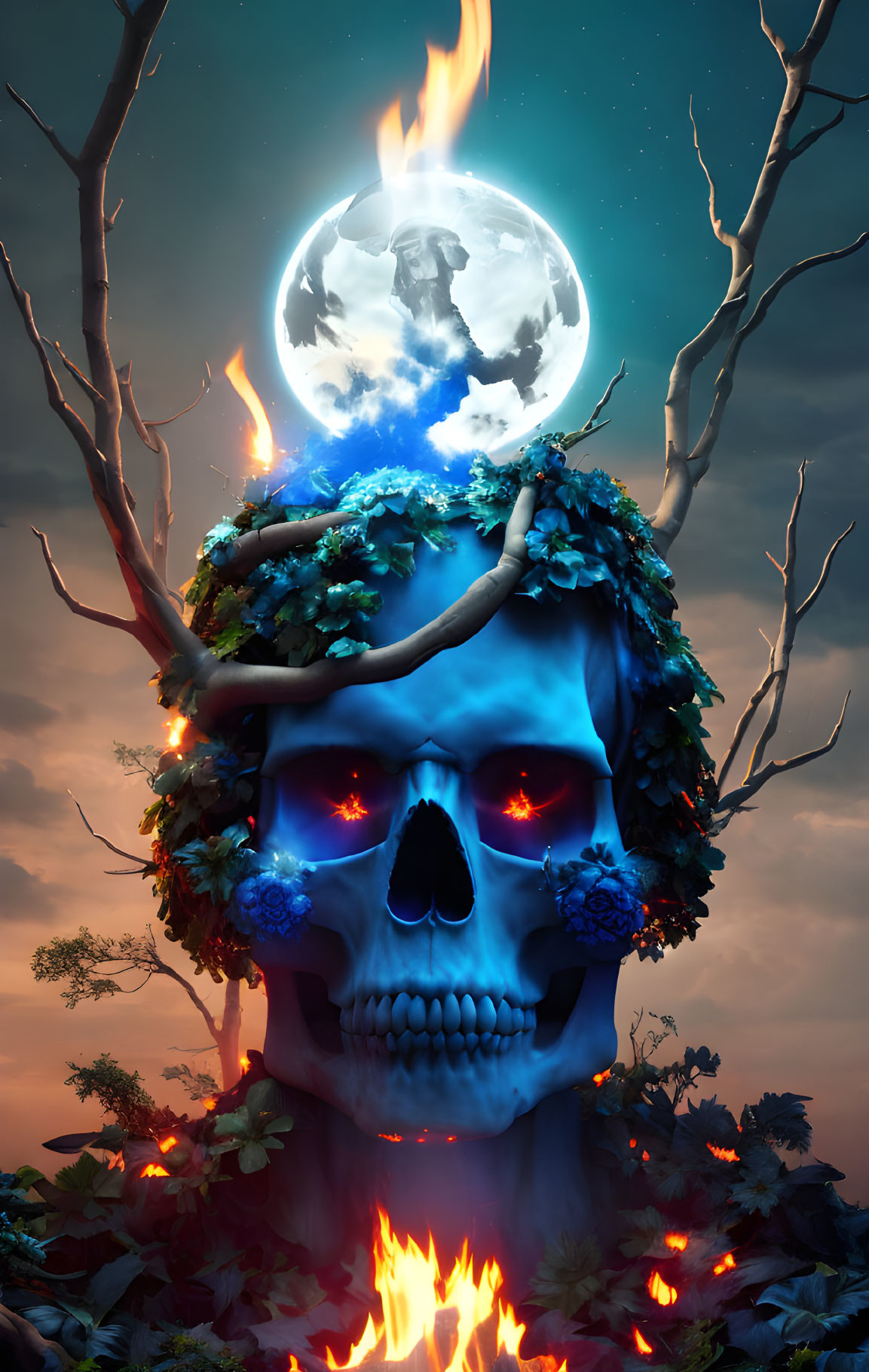 Giant Blue Skull with Tree Branches in Moonlit Night Sky