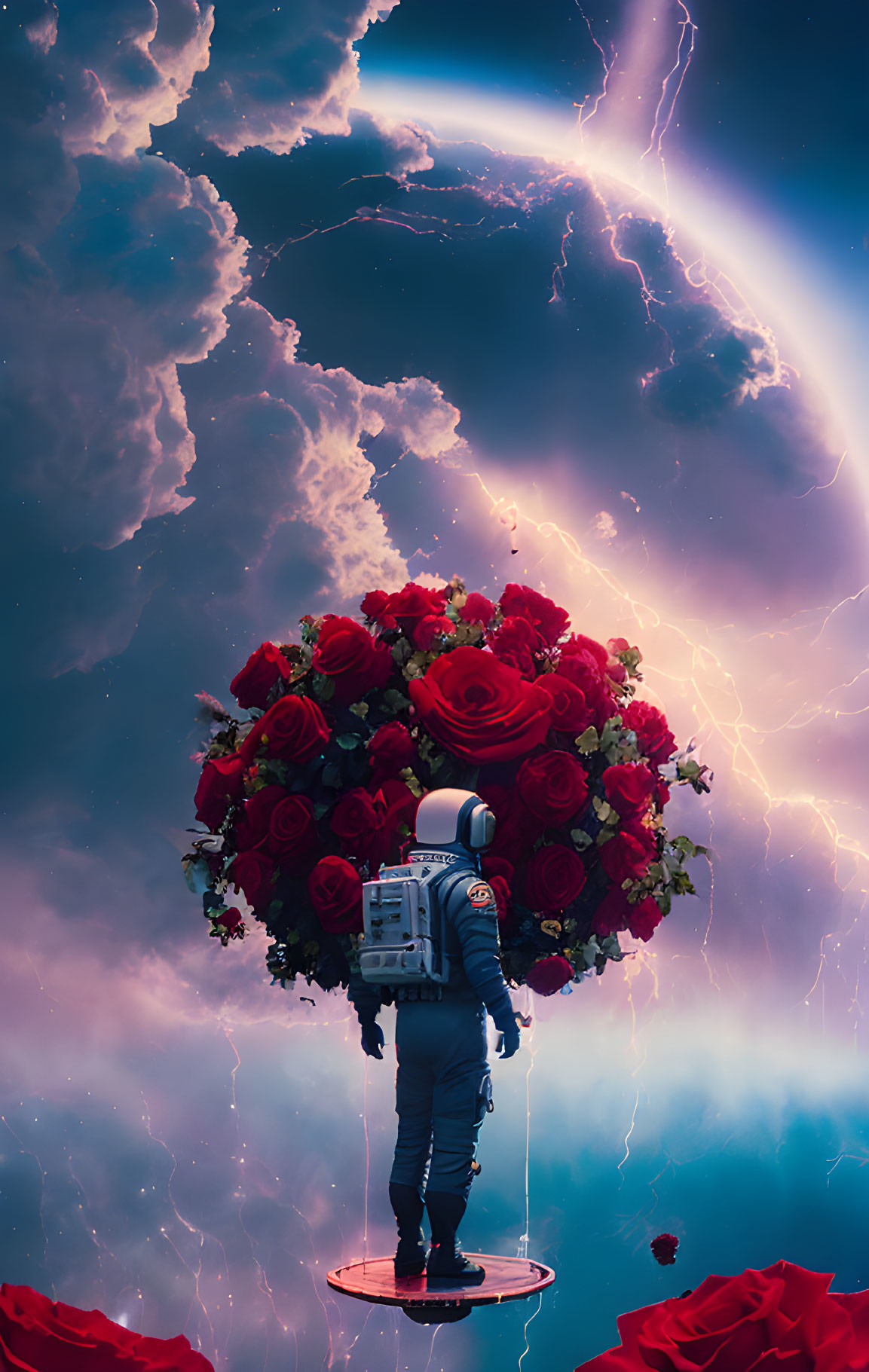 Astronaut with bouquet in surreal cosmic scene