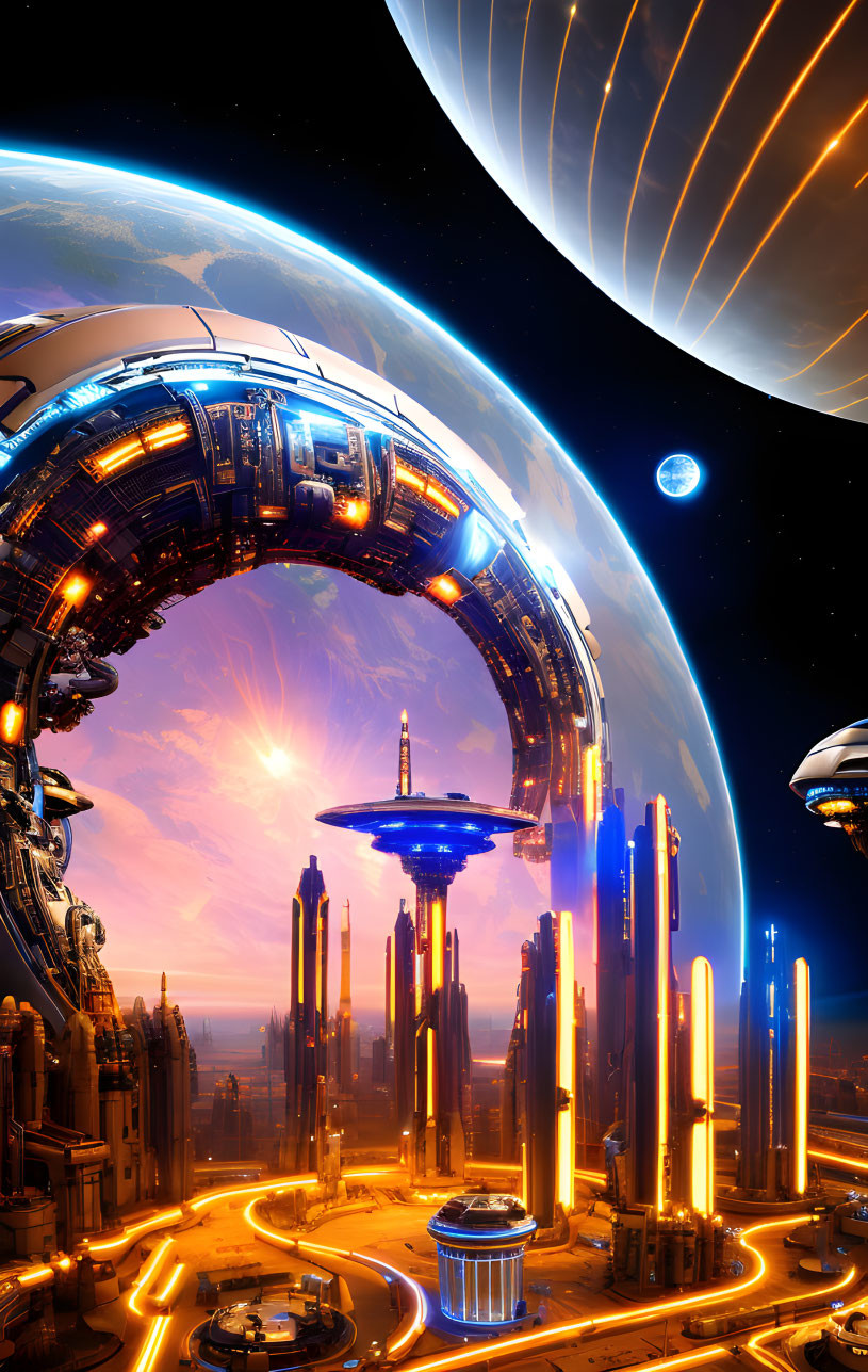 Futuristic sci-fi cityscape with space station ring, planets, and dynamic sunset